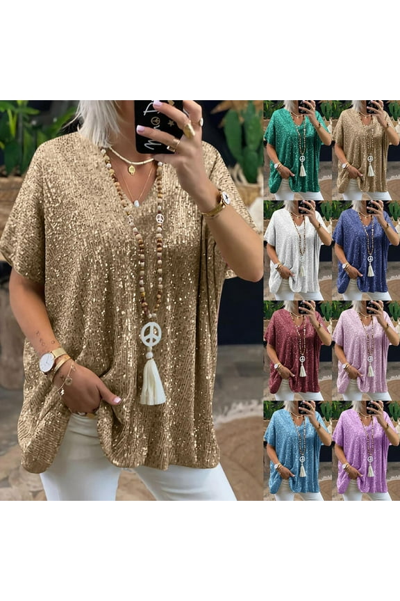 Fashion Sequin Tops for Women Loose Fit Trendy Sparkly Glitter V Neck Blouses Evening Party Shiny Sequin T Shirts Spring Baggy Casual Blouse Silver 3XL