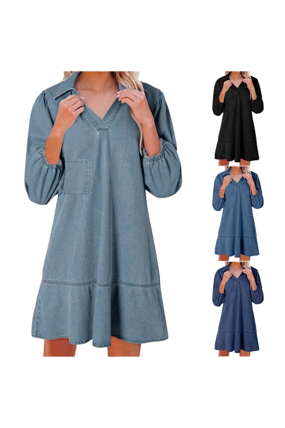 Denim Dress for Women Puff 3/4 Sleeve Mini Dresses V Neck Lapel Collar Babydoll Dress Summer Casual Cute Jean Dresses Blue 3XL