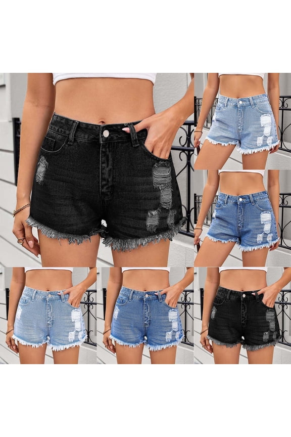 Distressed Jean Shorts for Women Frayed Hem Ripped Denim Shorts Button Fly Cut Off Shorts Straight Leg Casual Summer Jorts with Pockets Black S