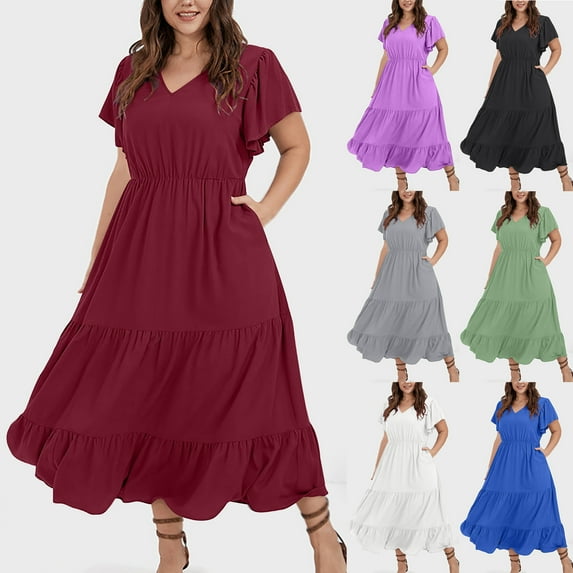 Feancey Elegant Plus Size Maxi Dresses for Women Tiered Pleated Flowy Swing Dress Trendy Dressy Ruffle Sleeve V-neck Party Dresses with Pockets Black XXL