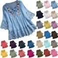 thumbnail image 1 of Feancey Embroidered Tops for Women Plus Size Vintage Lace up V-Neck Shirt 3/4 Sleeve Boho Blouse Loose Fit Casual Mexican T-Shirt Blue XL, 1 of 6