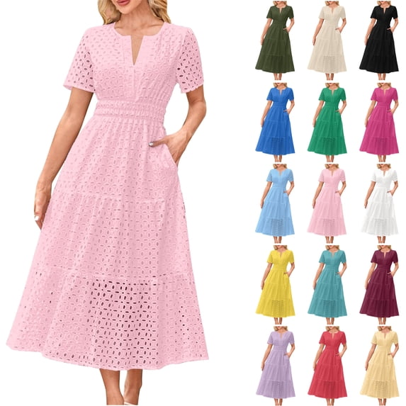 Feancey Eyelet Summer Dresses for Women 2025 Trendy Hollow Out Maxi Dress Dressy Casual V Neck Short Sleeve T Shirt Dresses with Pockets White M