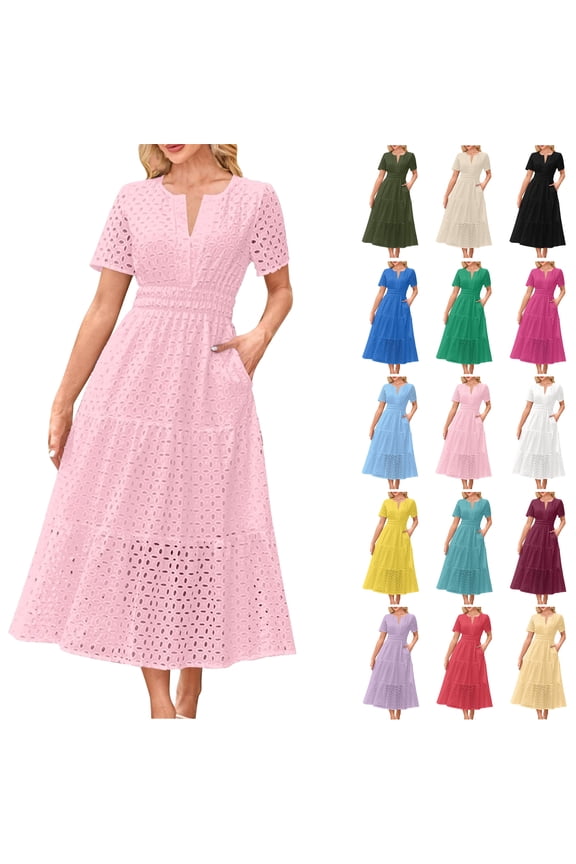 Eyelet Summer Dresses for Women 2025 Trendy Hollow Out Maxi Dress Dressy Casual V Neck Short Sleeve T Shirt Dresses with Pockets White M