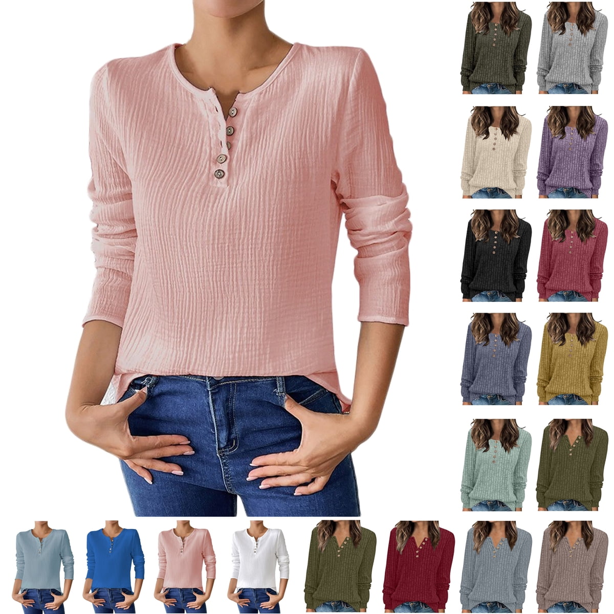 Fall Sweaters for Womens Winter Long Sleeve V Neck Tops Knitted Casual Loose Henley Shirts Button Up Trendy Tunic Sweater Beige L