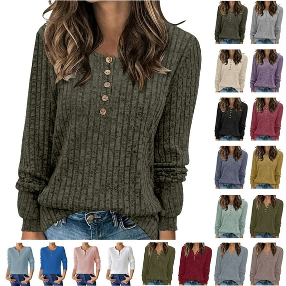 Feancey Fall Sweaters for Womens Winter Long Sleeve V Neck Tops Knitted Casual Loose Henley Shirts Button Up Trendy Tunic Sweater Yellow M