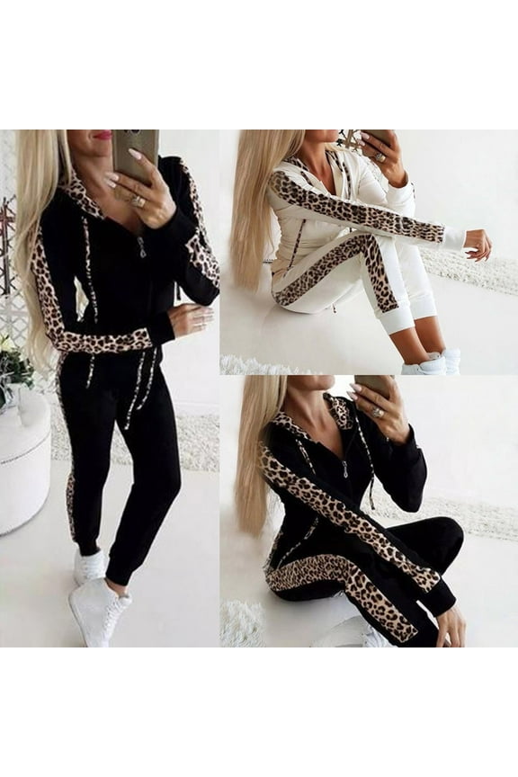 Fall Trendy Outfits for Women 2 Piece Casual Tracksuit Long Sleeve Zip Up Hoodie and Matching Pants Set Leopard Patchwork Sweatsuit Sets with Pockets Blue L