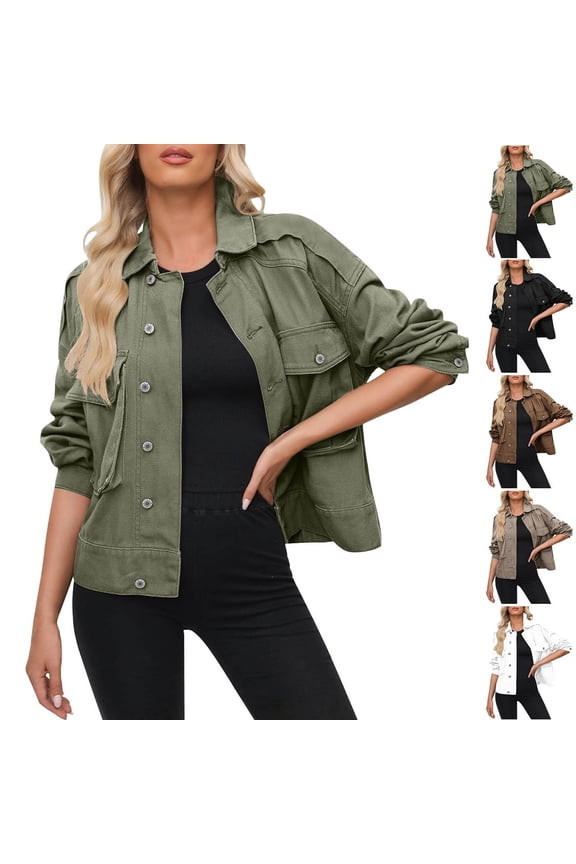 Fashion Denim Jackets for Women Long Sleeve Button Down Cropped Coats Lightweight Casual Jean Jacket with Pockets Fall Outfits Army Green S