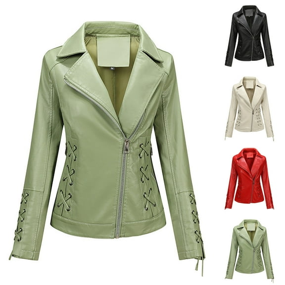 Feancey Fashion Leather Jacket Women Lightweight Zip up Bomber Jackets Fall Fashion Lapel Motocycle Outerwear with Pockets Red 3XL