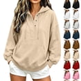thumbnail image 1 of Feancey Fashion Pullover Hoodies for Women Quarter Button Henley Neck Hooded Sweatshirts Oversized Fleece Lined Drawstring Hoodie Casual Fall Tops with Pocket Beige L, 1 of 9