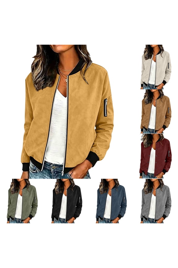 Faux Suede Bomber Jackets for Women Ribbed Trim Zip Up Jacket Long Sleeve Lightweight Baseball Jackets Spring Fall Casual Outerwear with Pockets Green L