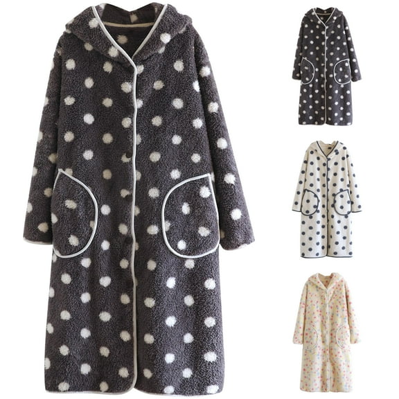 Feancey Flannel Bathrobes for Women Cute Print Hooded Plush Robe Winter Fluffy Fleece Sleepwear Robes Button Up Casual Fuzzy Nightgowns with Pockets Multicolor L