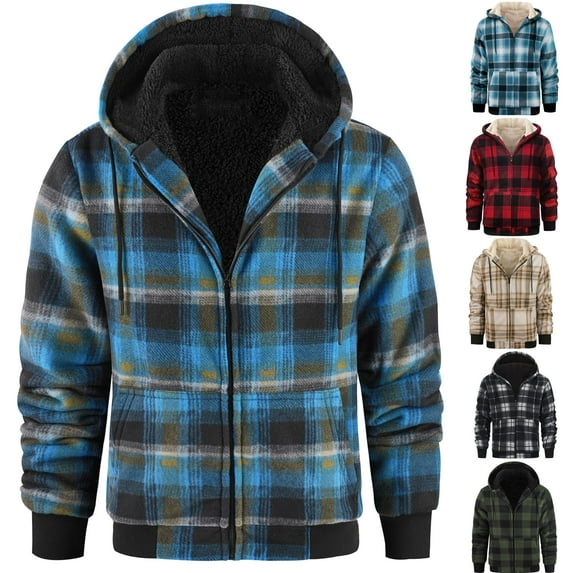 Feancey Flannel Winter Jacket for Men Plaid Hooded Shirts Long Sleeve Button Down Shirt Jackets Fleece Lined Warm Up Shacket with Pockets,Clearance Sales,Light blue,M