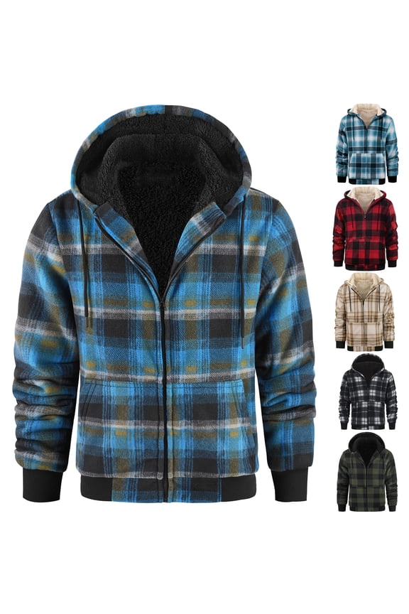 Flannel Winter Jacket for Men Plaid Hooded Shirts Long Sleeve Button Down Shirt Jackets Fleece Lined Warm Up Shacket with Pockets Yellow XL