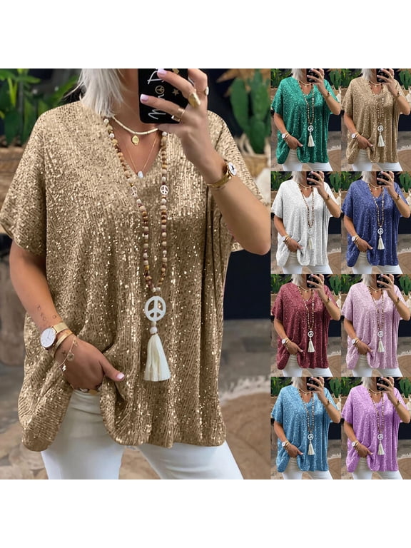 Fashion Sequin Tops for Women Loose Fit Trendy Sparkly Glitter V Neck Blouses Evening Party Shiny Sequin T Shirts Spring Baggy Casual Blouse Blue 3XL