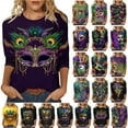 thumbnail image 1 of Feancey Mardi Gras 3/4 Sleeve Tops for Women Spring Trendy Mask Print Carnival Themed T-Shirts Comfy Casual Round Neck Dressy Blouse Parade Tees Multicolor 3XL, 1 of 6