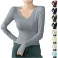 thumbnail image 1 of Feancey Soft Long Sleeve Shirts for Women Stretchy V Neck Slim Fit Tops Spring Solid Color Casual Basic Tee Trendy Going Out Tshirts Beige XXL, 1 of 4