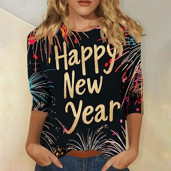 Feancey Happy New Year 3/4 Sleeve Shirts for Women Holiday Tops Dressy Casual Letter Printed Festive Blouse Comfy Loose Crewneck Party T-shirt Multicolor L