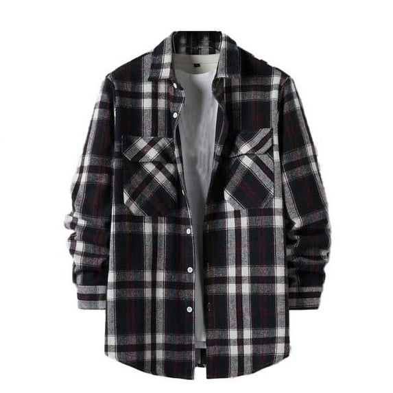 Feancey Men's Plaid Shacket Lightweight Flannel Shirt Jackets Long Sleeve Button Down Jacket Big and Tall Causal Regular Fit Long Shirts with Pocket Black XXL