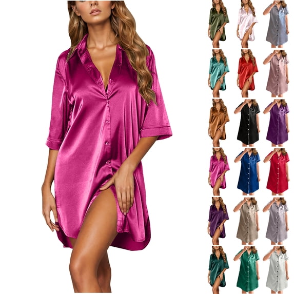Feancey Women's Satin Nightgown Button Down Sleepshirt Silky Pajama Dress Soft Short Sleeve V Neck Sleepwear Boyfriend Nightshirt Hot Pink L