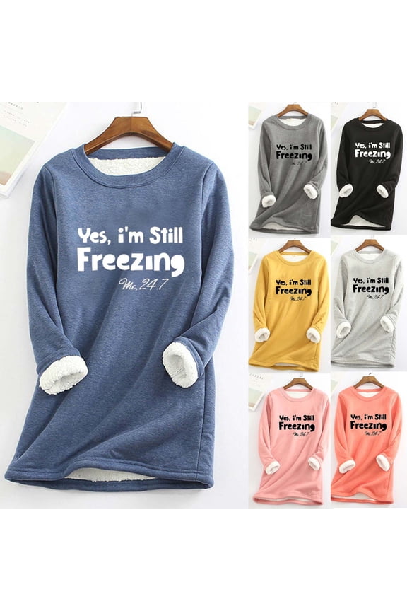 Fleece Crewneck Sweatshirt Women Sherpa Lined Plus Size Thermal Tops Casual Letter Printed Loungewear Winter Warm Christmas Pajamas Orange L