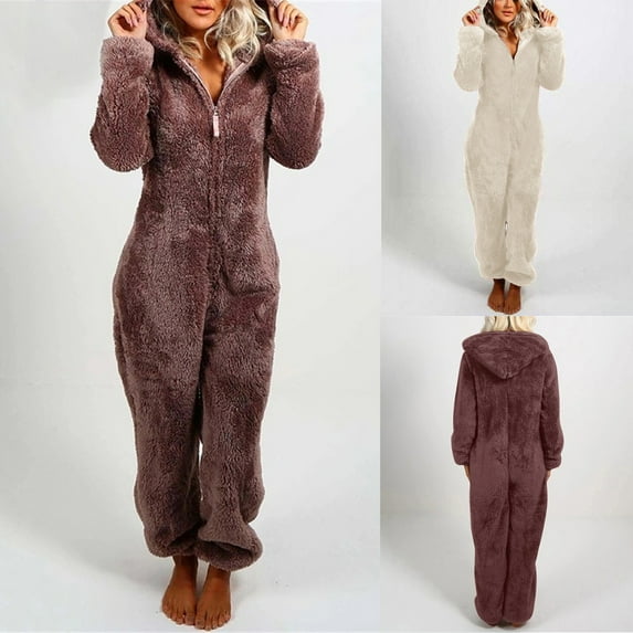 Feancey Fleece Jumpsuit for Women Womens Fleece Onesies Pajamas Winter Warm Romper Sleepwear Cute Cartoon Hooded One Piece Pjs Comfy Plush Loungewear Coffee M