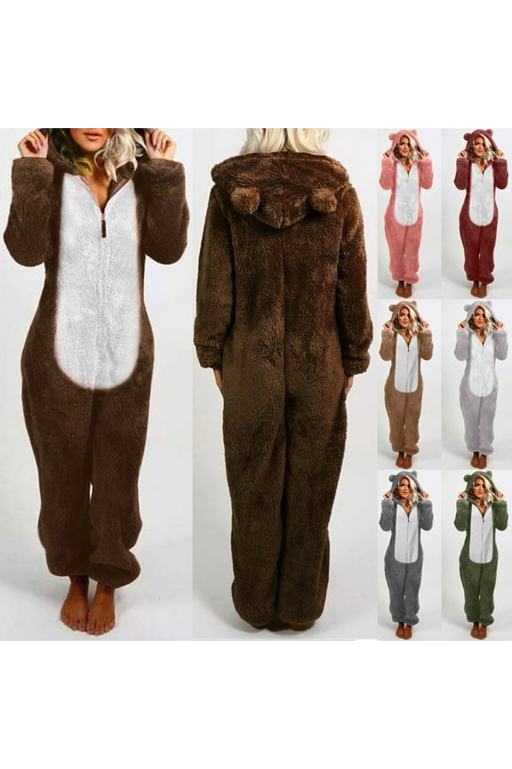 Fleece Jumpsuits Women,Womens Plush Hooded Romper Sleepwear Sherpa Fleece Onesie Pajamas Cute Hooded One Piece Pjs Winter Thermal Loungewear Black 5XL