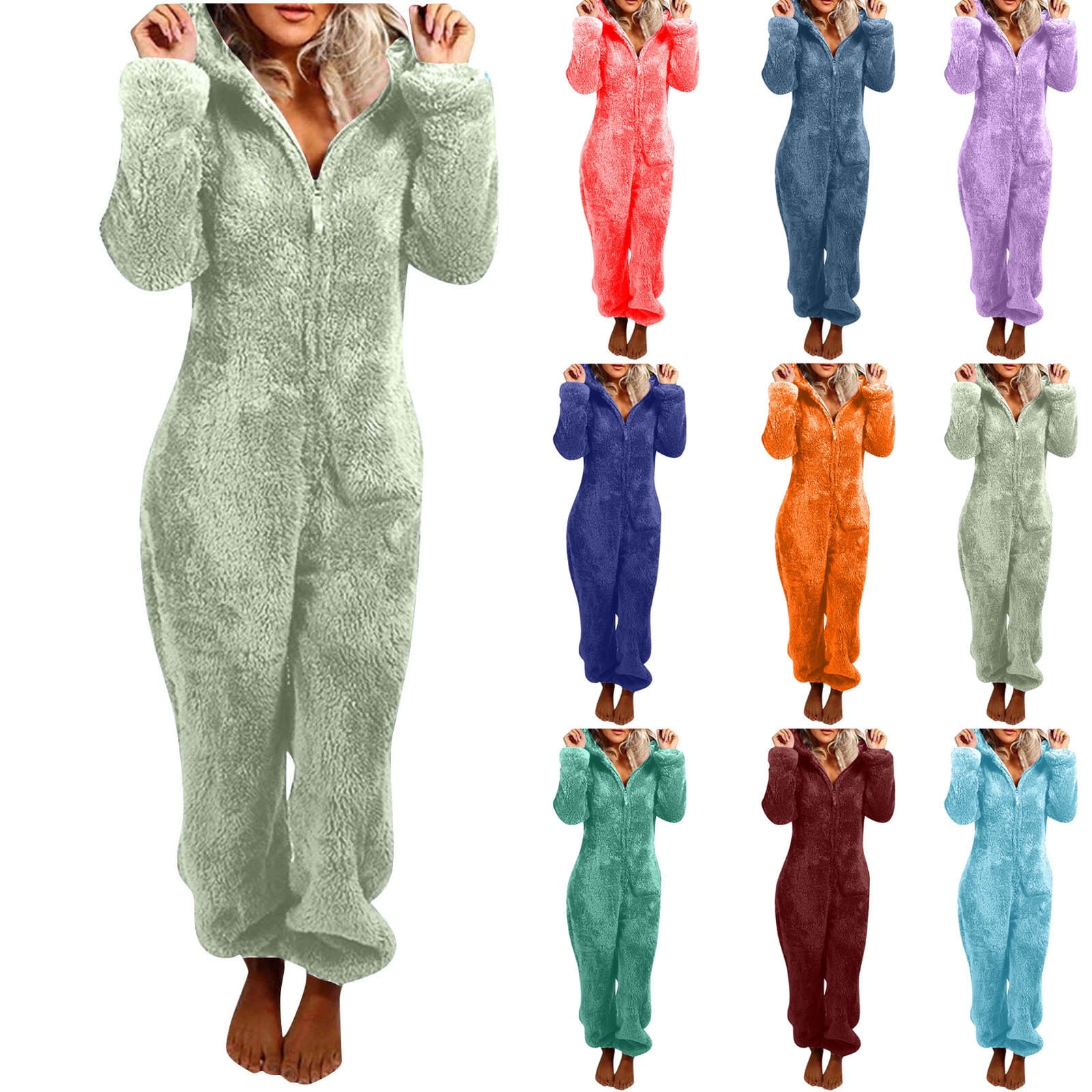 Feancey Fleece Jumpsuits Women's Fuzzy Pajamas Cute Cat Ear Zip Up Hooded Onesies Pjs Winter Warm Rompers Sleepwear Casual Loose Plush Overall Pant Navy S