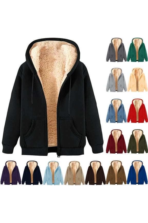 Fleece Lined Jackets for Women Winter Coats Fashion Zip Up Hoodies Sweatshirts Warm Sherpa Cardigan Coat with Pockets Back to School Prime Sales Beige L