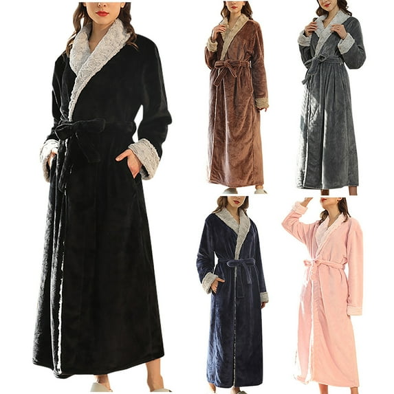 Feancey Fleece Lined Robes for Women Long Winter Warm Shower Robe Soft Plush Bathrobes Fluffy Comfy House Coat with Belt Pockets Pink M