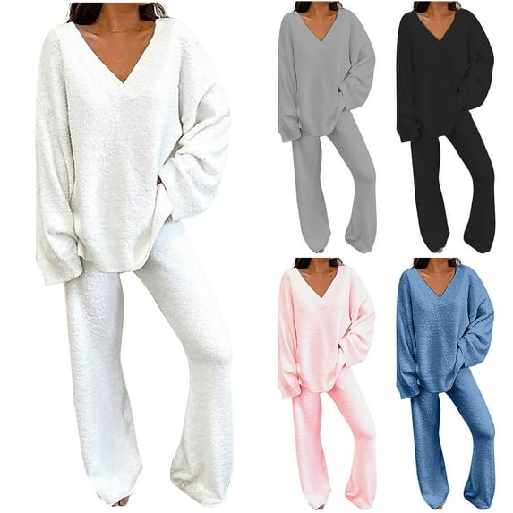 Feancey Fleece Lounge Sets for Women 2 Piece Fall Outfits Fuzzy Long Sleeve V Neck Pullover Loose Fit Pants Sleepwear Two Piece Set Black M