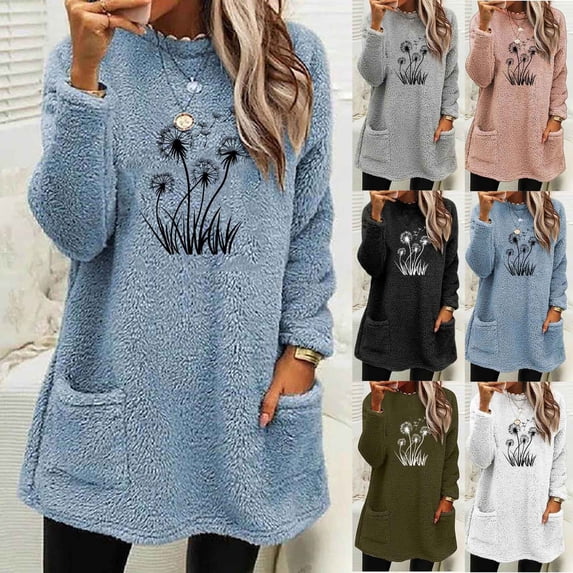 Feancey Fleece Pajamas for Women Casual Floral Print Crewneck Pullover Winter Fluffy Fuzzy Sweatshirts Comfy Thermal Loungewear Tops with Pockets Black S