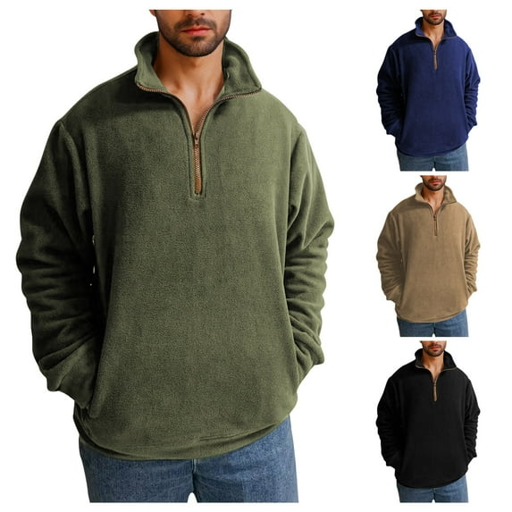 Feancey Fleece Sweatshirts for Men Half Zip Stand Collar Pullovers Solid Color Long Sleeve Vintage Sweatshirt Fall Winter Warm Pullover Tops Khaki XXL