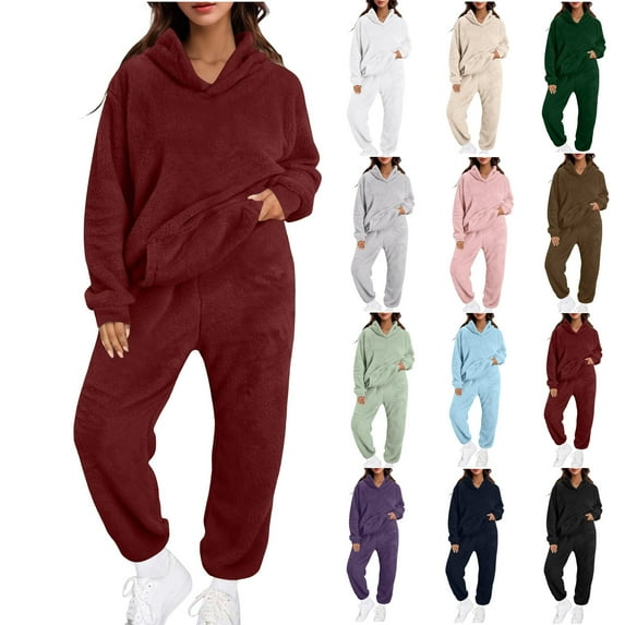 Feancey Fleece Sweatsuits for Women 2 Piece Fall Outfits Oversized Long Sleeve Hooded Sweatshirt and Elastic Waist Sweatpant Sets Solid Color Hoodie Set Purple XXL