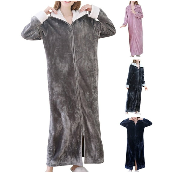 Feancey Fleece Zip Up Robes for Women Long Casual Lapel Winter Nighrgowns Cozy Fuzzy Warm Sleepwear Fashion Front Zipper Thermal Dressing Robe Sales Today Purple XL