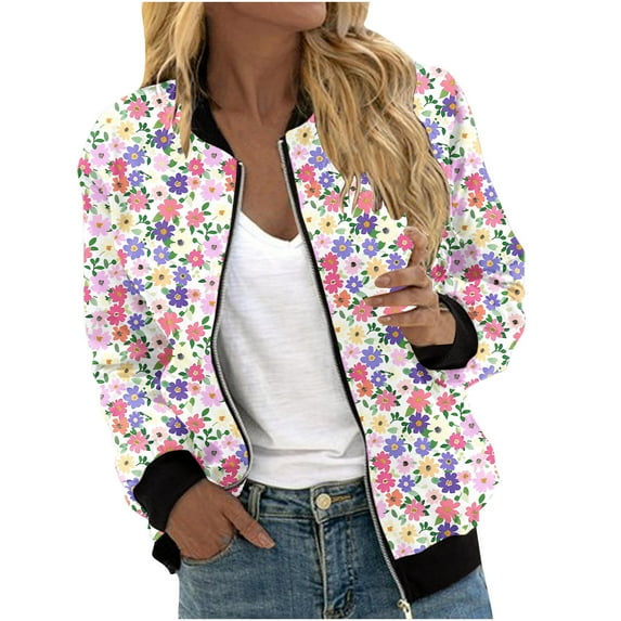 Feancey Floral Bomber Jackets for Women Long Sleeve Collarless Varsity Jacket Elastic Ribbed Trim Lightweight Jackets Fall Fashion Windbreaker Multicolor XL