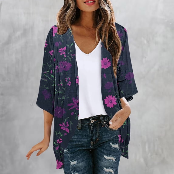 Feancey Floral Printed Beach Kimonos for Women Dressy Casual Boho 3/4 Sleeve Cover Ups Summer Loose Open Front Cardigans Flowy Chiffon Kimono Cardigan Multicolor 3XL