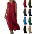 thumbnail image 1 of Feancey Flowy Vacation Dresses for Women Linen Sleeveless Lapel Button V Neck Shirt Dress Summer Casual Beach Maxi Dresses Comfort Loose Sundress Navy L, 1 of 6