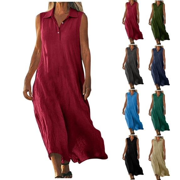 Feancey Flowy Vacation Dresses for Women Linen Sleeveless Lapel Button V Neck Shirt Dress Summer Casual Beach Maxi Dresses Comfort Loose Sundress Navy L