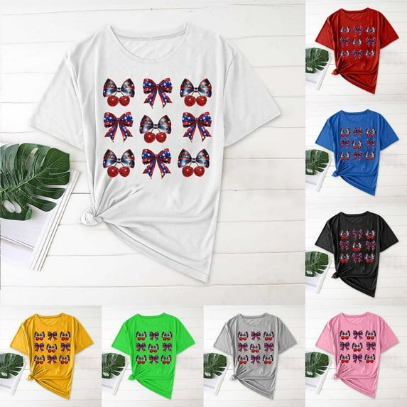 Feancey Fourth of July Shirts for Women Bows Graphic Tees Independence Day Short Sleeve Patriotic T-Shirt Teen Girl Cute Holiday Tops Blue XXL