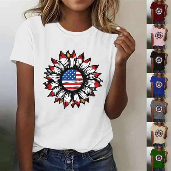 Feancey Fourth of July Shirts for Women Sunflower Print Short Sleeve Tops Holiday Casual American Flag Graphic Tees Green XL