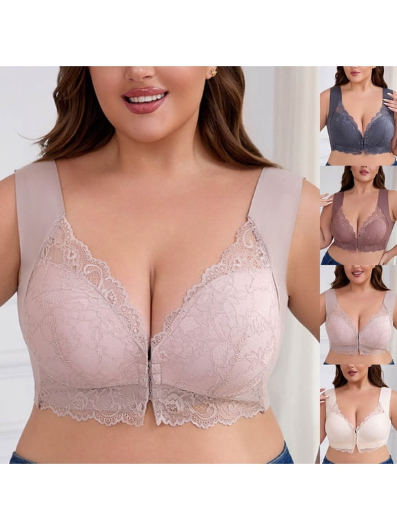 Front Closure Bras for Women Plus Size Lace Wireless Bra Lightly Padded Push Up Brassiere High Support Full Coverage Everyday Bralette Beige 3XL