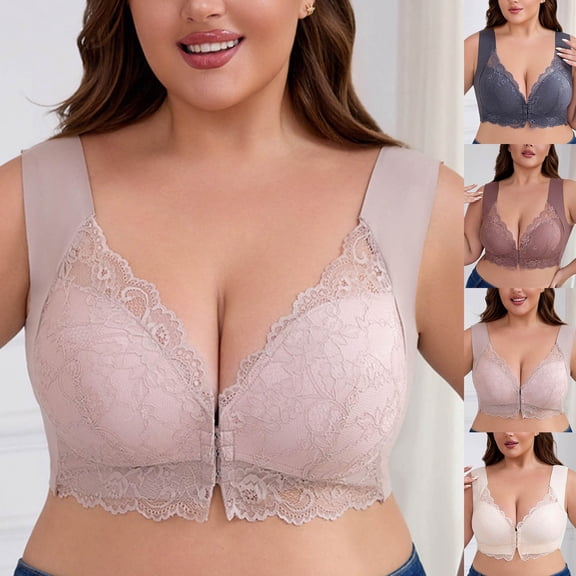 Feancey Front Closure Bras for Women Plus Size Lace Wireless Bra Lightly Padded Push Up Brassiere High Support Full Coverage Everyday Bralette Pink XL