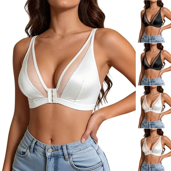 Feancey Front Closure Bras for Women Deep V Plunge No Underwire Bra Sheer Patchwork Supportive Lingerie Bras Solid Color Casual Push Up Bra White XL