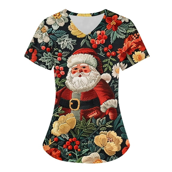 Feancey Funny Christmas Scrubs for Women Cute Santa Claus Print Nursing Scrub Tops Stretchy V-Neck Short Sleeve Tunic Blouse Xmas Nurse Uniforms Multicolor S
