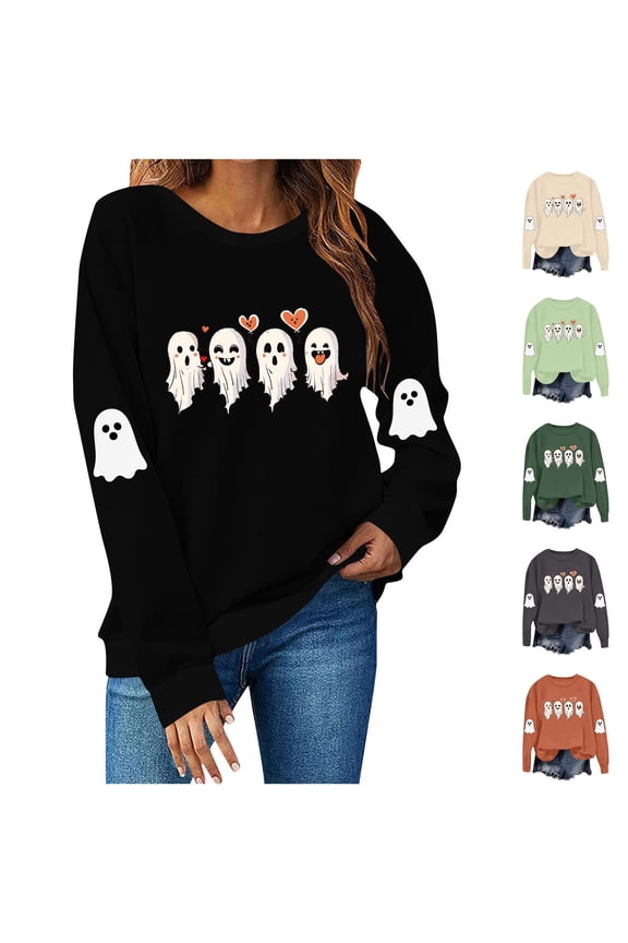 Funny Crewneck Sweatshirts for Women Halloween Ghost Print Graphic Pullover Tops Fall Long Sleeve Cute Tees Spooky Season Sweatshirt Army Green S