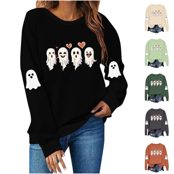 Feancey Funny Crewneck Sweatshirts for Women Halloween Ghost Print Graphic Pullover Tops Fall Long Sleeve Cute Tees Spooky Season Sweatshirt Khaki L
