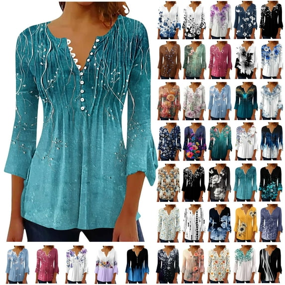 Feancey Funny Gift Floral Tops for Women 3/4 Sleeve Button V Neck Blouse Dressy Casual Boho Printed T Shirts Pleated Flowy Beach Vacation Tunic Tee Multicolor L