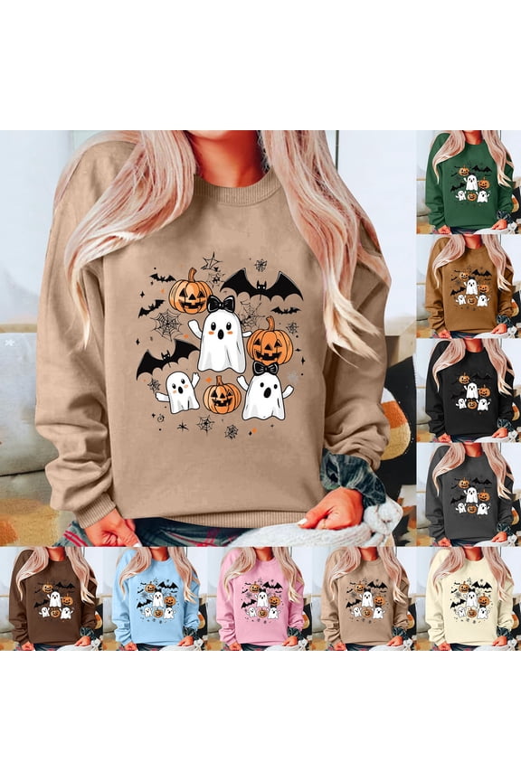 Funny Halloween Sweatshirts for Women Bat Pumpkin Ghost Graphic Sweatshirt Teen Girl Long Sleeve Crewneck Pullover Tops Army Green S