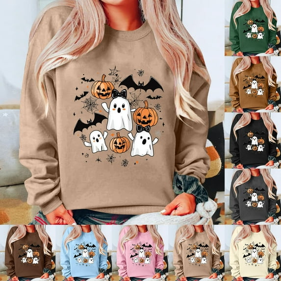 Feancey Funny Halloween Sweatshirts for Women Bat Pumpkin Ghost Graphic Sweatshirt Teen Girl Long Sleeve Crewneck Pullover Tops Khaki S