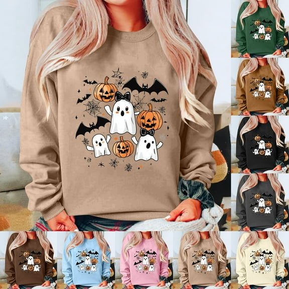 Feancey Funny Halloween Sweatshirts for Women Bat Pumpkin Ghost Graphic Sweatshirt Teen Girl Long Sleeve Crewneck Pullover Tops Khaki S